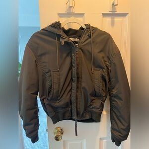 Vince Sherpa Lined Bomber Jacket with Hood - Black - Size S